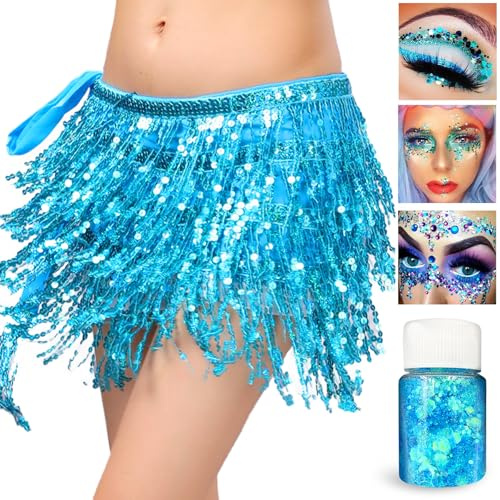 XehCaol Pailletten Quaste Flovel Rock Glitter Frauen Rock Fransen Rock Hüfttuch Kostüm für Karneval Party (DE/NL/SE/PL, Alphanumerisch, Einheitsgröße, Regular, Regular, Blau)