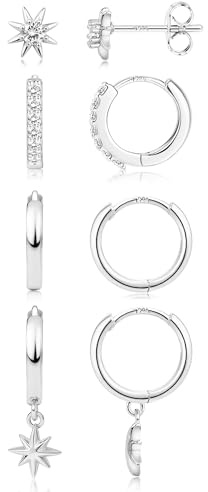 LOLIAS 4 Paar Ohrringe Silber 925 Creolen Set für Damen Creolen Silber 925 Klein Stapelbar Zirkonia Helix Piercings Ohr Ohrringe Creolen Silber 925 Ohrringe Set