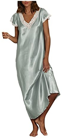 Mrat Chemise de nuit pour femme - Longue chemise de nuit en satin - Sexy - Col en V - Élégante - Manches courtes - Robe longue décontractée et douce - Vêtements de nuit - Vêtements de détente - Pyjama