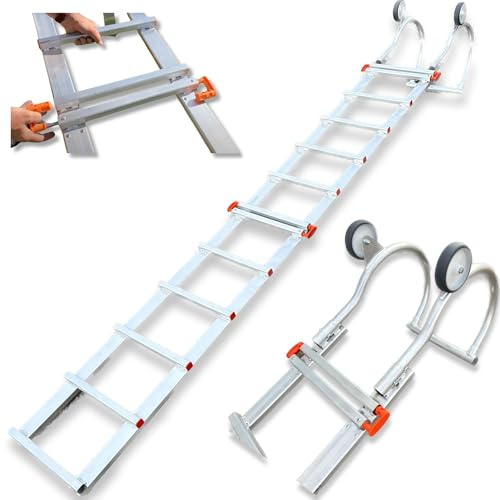 Takstege längd 4,65 m lätt att installera - set med 2 förlängningar på 2,00 m + 1 0,65 m krok med 120 mm hjul - helt i aluminium - mycket lätt 12 kg - lastkapacitet 150 kg