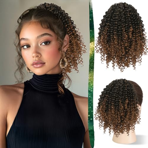 RUWISS Drawstring Pferdeschwanz Afro Kraus Lockiger Pferdeschwanz für Frauen, 25 cm synthetische Haarteil mit Clip-in Jerry Locken Afro Puff Pferdeschwanz Verlängerungen (Schwarz Mix Braun Ombre)