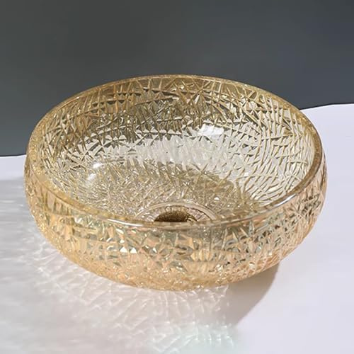 TT-YEC Lavandino in Vetro Temperato Trasparente con Piletta di Scarico, Rubinetto, Moderno Lavabo Rotondo da Appoggio in Cristallo, Piccolo Lavabo Creativo da Appoggio,D Single Basin