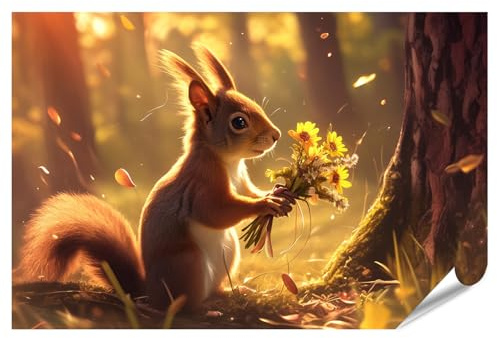 islandburner Poster XXL Motif écureuil avec bouquet de fleurs dans la forêt d'automne Impression photo de qualité supérieure