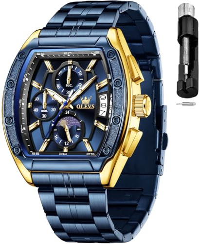OLEVS Blue Men Watches Chronograph Business Dress Multifunctional Watch Stainless Steel Waterproof Date Gift Square Mens Wrsit Watch