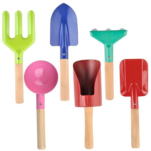 MOUNTTU Ensemble de 6 Outils de Jardinage pour Enfants, Jouets Plage colorés avec râteau, Pelle, truelle et Plus, Ensemble Jardinage en Fer pour Tout-Petits avec Manche en Bois pour Enfants, Jouets