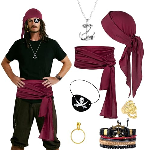 Raveparty Piratenkostüm Damen Herren, Piraten Accessoires, Halloween Kostüm Damen Piratin, Piraten Kopftuch, Mittelalter Kostüm für Karneval Cosplay Party (Style C1)