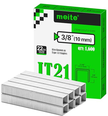 meite Tackerklammern Typ 53, 10 mm verzinkte Klammern Typ 53 JT21 für Handtacker & Elektrotacker, 1.600 Stück, 11,2 mm Rückenbreite, 0,75 mm Drahtstärke, ideal für Polster, Basteln & Möbel