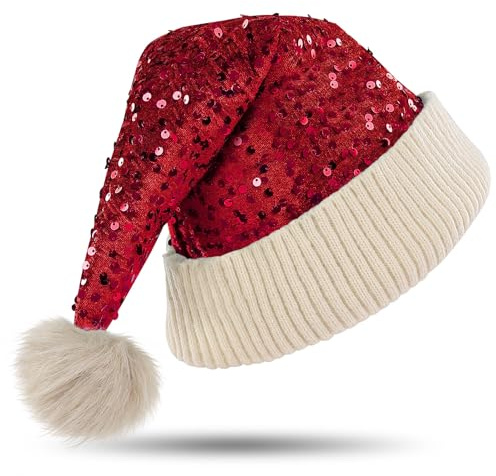 ASENKU Weihnachtsmütze Nikolausmütze Erwachsene Plüsche Weihnachtsmützen Rot Santa Mütze für Herren Damen Glitzer Weihnachtsmann Mütze Weihnachtsmützen Erwachsene für Weihnachten, Neujahr, Party