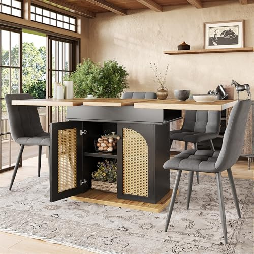 Esstisch Teleskoptisch(110-140×80cm), Klappbarer Küchentisch für 4-6 Personen, Ausziehbarer Essbar mit PE Rattan-Schranktüren, platzsparender Esszimmertisch mit Ablagefläche, für Küche und Wohnzimmer