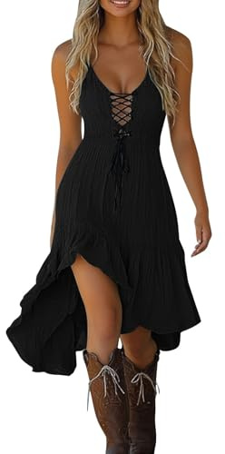 Dresses Women's Casual Dress V Neck Lace Up Tie Detail Asymmetrical Flowy Hem Comfortable Everyday Wear Home Spring Summer Fall Outfit (Black, XL)
