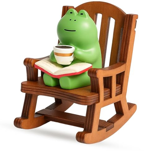 ZeBQrphio Mini Frogs Shelf Decorations, Whimsical Bookshelf Decor for Office and Home, Frog Collectors Decorative Home Accessories, Coffee Frog Rocking Chair Single Piece