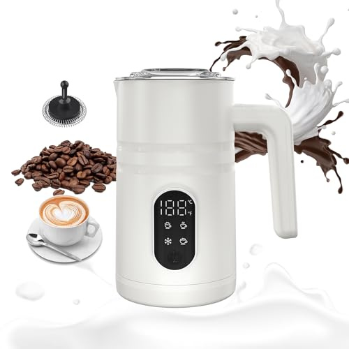 GKXLH 350 mL 4 in 1 Milk Frother Electric with Temperature Display (White) | Low Noise Electric Milk Frother, Safe Milk Frother for Coffee, Latte, Cappuccino, Macchiato, Hot Chocolate, Protein Powder