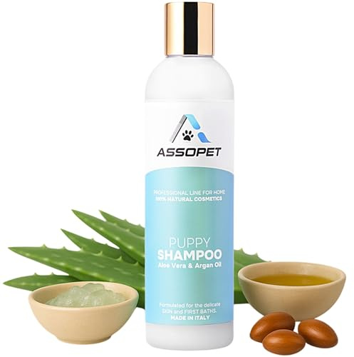 Welpenshampoo Hund 250 ml – ASSOPET – Ultra-sanftes Welpen Shampoo für Hunde mit Bio-Arganöl & Bio-Aloe Vera – Sicher, 100% Natürlich, Ohne Parabene & Silikone – WelpenShampoo Sensitive, Made in Italy