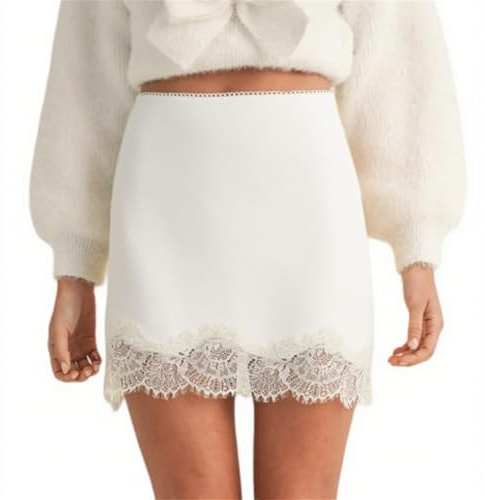 Women Y2k Satin Silky Mini Skirt Lace Trim Half Slip Underskirt | Solid Color, Semi Sheer Slip, A Line, Lace Patchwork, Elastic Rise, Skorts. Relaxed Fit, Vintage Casual Going Out Streetwear