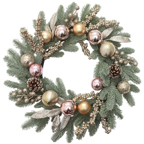 Christmas Wreaths for Front Door 20in Artificial Pine Needles Christmas Wreath with Sparkling Pine Cones Berry Ball Ornaments for Wall, Window, Fireplace, Door, Home, Wreath