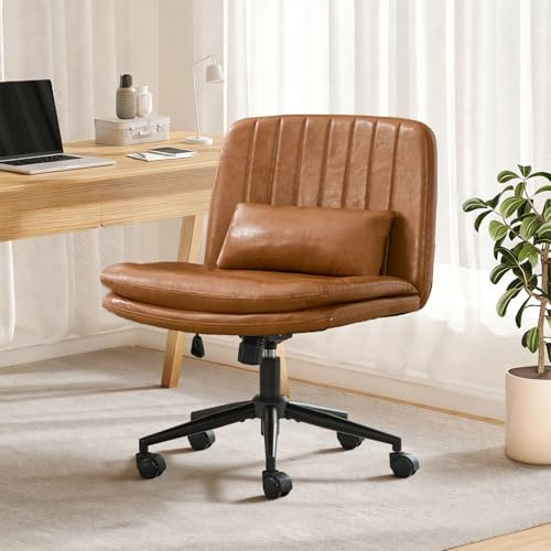 SAMERY Breiter Bürostuhl ohne Armlehnen, Doppellagiger Dicker Schreibtischstuhl Schneidersitz Stuhl mit Rollen, Höhenverstellbar Drehstuhl Computerstuhl Home Office Stuhl (Braun, Mit Rädern)