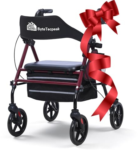 ByteTecpeak R4 deambulatore pieghevole con seduta, girello per anziani,altezza regolabile in 5 livelli su sedile e maniglie, Deambulatori a 4 ruote, Con borsa della e freni, portata max 100KG