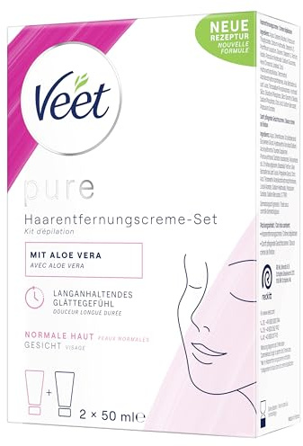 Veet Pure Haarentfernungs-Set Gesicht - Für Oberlippe, Wangen & Augenbrauen, normale Haut - Mit Bio Aloe-Vera, Vegan - 50 ml Enthaarungscreme, 50 ml Pflegecreme & Spatel