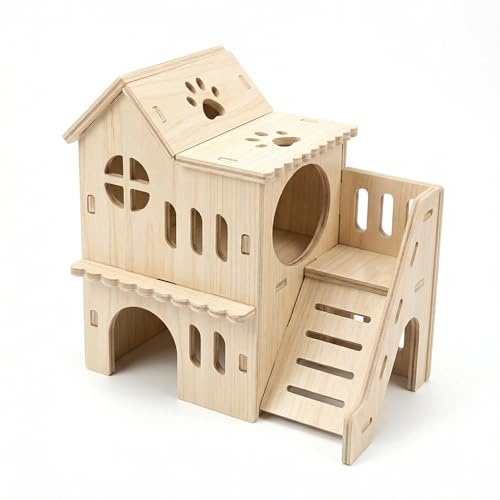 Hamster Haus Holz mit Plattform und Treppe als Versteck | 3-in-1 Hozl Hamsterhaus Hamsterversteck und Kletterparadies, Mehrkammernhaus, Haus für Zwerghamster Rennmäuse Goldhamster