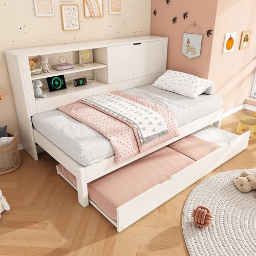 Kinderbett Schlafsofa 90x200 cm, Einzelbett mit Ausziehbett und Stauraum Kopfteil, Stauraumbett mit USB/USB‑C Ladestation & Lattenrost, Tagesbett für Erwachsene und Jugendliche, Weiß, ohne Matratze