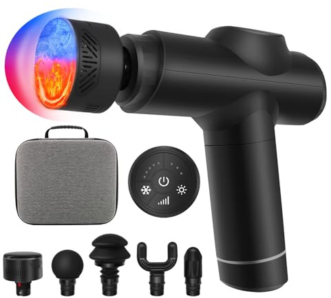 Emicool Massagepistole mit Wärme & Kältetherapie, 0,78 kg leise Massage Pistole mit 5 Aufsätze & 5 Intensitätsstufen, 12mm Amplitude & 45 lbs Standkraft – Professionelle Tiefengewebemassage