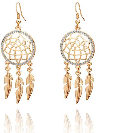 Boucles d'oreilles pendantes pour femmes, larme avec attrape-rêves, plaquées en métal hypoallergénique or ou argent et décorées de cristaux