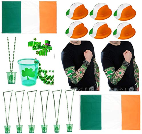 St. Patricks Day Hüte, Schnapsgläser, Flaggen & Tattoo-Ärmel, irische Dekorationen, Party-Paket Zubehör