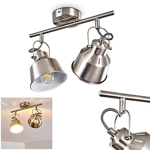 HOFSTEIN Deckenleuchte Safari, verstellbare Deckenlampe aus Metall in Stahl gebürstet/Weiß, Leuchte im Industrial/Retro/Vintage-Design, Lichteffekt, 2 x E14, Wohnzimmer, Esszimmer, Schlafzimmer, Küche
