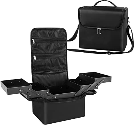 Youyijia Makeup Box 29x21x27cm Storage Vanity Case Professional Large Portable Storage Beauty Box Makeup Organiser Storages Cosmetic Box with Shoulder Strap Nylon Fabric Pink (Black)