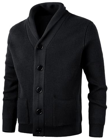 KTWOLEN Homme Cardigan à Manches Longues et Col Châle Épais Hiver Cardigans Gilet Veste Tricoté Chaud avec Poches, Noir, L