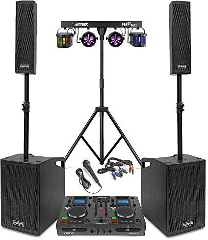 Vonyx VX1050 Complete Mobile DJ Setup with Column Line Array Speakers, Twin CD Mixer, Bluetooth, Microphone, PA System and Party Lighting Kit for Live Events and Venues