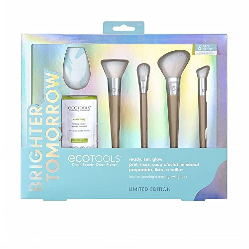 EcoTools Limited Edition Ready, Set, Glow Makeup Accessory & Care Kit, Makeup Brush and Beauty Sponge Kit, Premium Quality, 6 Piece Gift Set