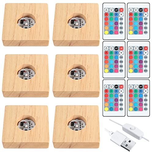 Riakrum Square Wooden Led Display Base Wood Lighted Display Lamp Base Stand with Remote Control for Home 3D Laser Art Crystal Glass Resin (6 Pieces)