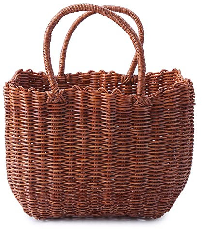 ISAKEN Cesta Tejida con Asa, Bolso de Compras, Bolso de Mano para Mujer, Organizador de Almacenamiento Tejido, Bolso de Mimbre para Mercado, Picnic, Biaje, 25x12x18cm