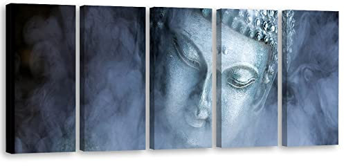 Feeby 5-teilig Vlies Leinwandbild 200x80 cm Buddha-Statue Meditation Abstraktion Buddhismus Wand Bild Kunstdruck Deko Wohnzimmer Wohnungs Deko Zen Spa Orient Asien Rauchen Grau