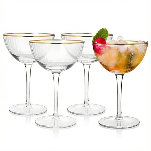 Gold Rim Vintage Coupe Martini, Champagne and Cocktail Glasses - Set of 4 - Hand Blown Gold Rim Martini Glasses - For Your Next Cocktail & Champagne Party - 6oz Classic Manhattan Glasses Water & Wine