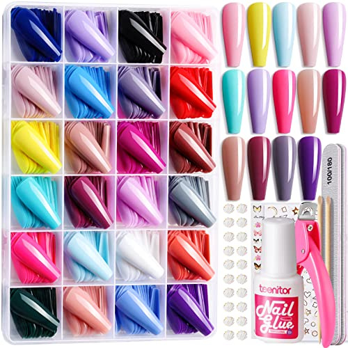 Teenitor 24 Colors False Nails with Glue, Long Coffin Press On Nails Full Cover Stick on Nails, Long Ballerina Coffin Fake Nails with Acrylic Nail Clipper, Glossy