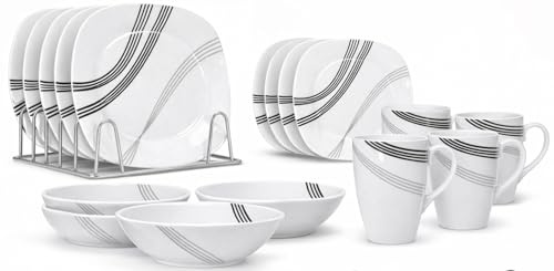 Royal 16 Piece Square Porcelain Dinner Set for 4 – 4 Dinner Plates & Bowls Set 4 Side Plates & Mug, Microwave/Dishwasher Safe, Highly Resistant Dinnerware, Kitchen & Dining-Black Grey Katrina Stripe
