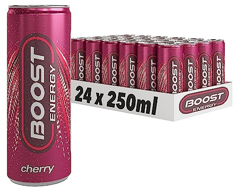 Boost Energy Drink Cherry Flavour - 24 Pack Drinks with Caffeine, Taurine and Vitamin B Carbonated Energy Drinks Gluten Free Vegan Low Calorie Fizzy Drinks Multipack 24x250ml
