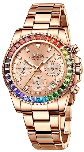 Women Colorful Diamond Watches Chronograph Rotatable Bezel Mineral Glass Luminous Watch Stainless Steel Waterproof Date Analog Quartz Watch Fashion Business Dress Wristwatch (Rose Gold)
