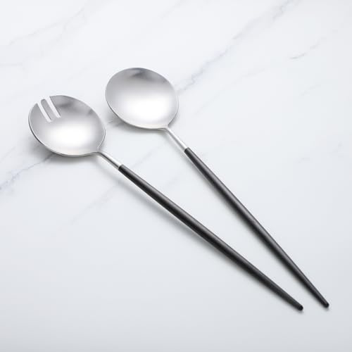 Zerophilo Salad Servers,Spoon and Fork Set 11.41 inch,18/10 Stainless Steel Salad Serving Titanium Plating (black silver)