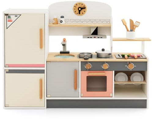 HONEY JOY Kids Kitchen Playset, 3-in-1 Wooden Play Kitchen for Toddlers & Refrigerator & Barbecue Grill Set, Range Hood, Bowl Rack, Little Chef Pretend Toy Kitchen Set, Gift for Boys Girls, Natural