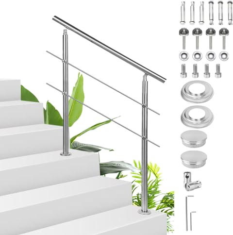 Sonnewelt Edelstahl Handlauf Geländer - Treppengeländer 180cm mit 2 Querstäben für innen und außen, Hochwertiges Eingangsgeländer für Balkon, Treppe und Brüstung