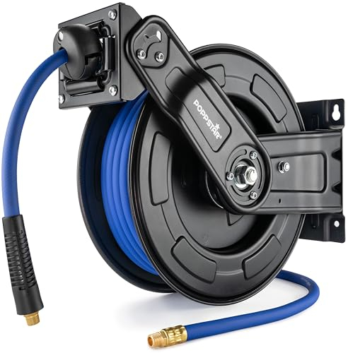 Poppstar Enrollador de manguera de aire comprimido de acero (15m+1,5m, diámetro (9,2x15mm)), conexiones 1/4 de pulgada BSPT