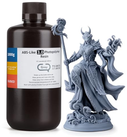 ELEGOO ABS-Like 3.0 3D Drucker Resin, 405 nm UV-härtendes Photopolymerharz für MSLA/LCD/DLP 3D Drucker, Verbesserte Festigkeit und Zähigkeit, Hohe Präzision, Niedrige Viskosität, 1000g Grau