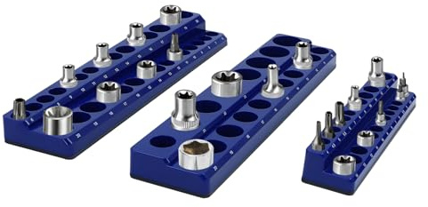 wanwanper 3PCS Magnetic Socket Organiser, 68 Sockets Holder Kit, Socket Wrench Rail Magnetic Socket Wrench Holder, Socket Storage Socket Wrench Set Holder for Workshops, Factories, Blue