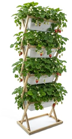 URBANATURE Vertikales Balkonbeet mit 4 Pflanzkästen, Holz (Robinie) | Premium Bewässerungssystem, Großer Wasserspeicher, V-förmige Pflanzkästen aus Outdoor Kunststoff, Freistehender Sichtschutz
