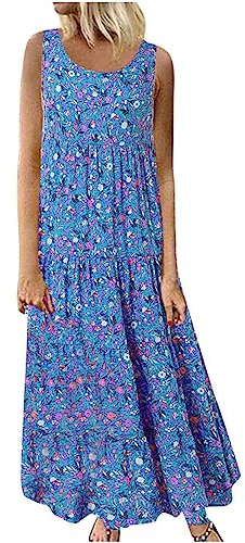 luoluoluo Clearance Women's Casual Sleeveless Dress Crewneck A Line Dress Plus Size Swing Dress Vintage Bohemian Loose Dresses Floral Maxi Long Dress Pageant Prom Ball Gowns Cocktail Dresses UK Size