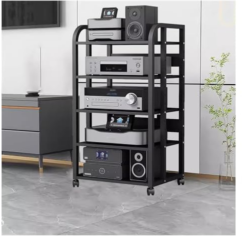 hifi rack Audio-Rack-Schubladenteiler auf Rollen – Medienregal aus Metall mit höhenverstellbarer Halterung – schwarzes Eck-Unterhaltungsregal, Aufbewahrungsständer für Schlafzimmer(No drawers 5 Tier-H