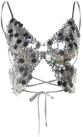 XGOPTS Women's Glitter Sequin Butterfly Crop Top - Sexy V-Neck Low-Cut Strappy Backless Sleeveless Tank Top - Shiny Sparkly Belly Dance Costume for Rave Party Club Festival Outfits